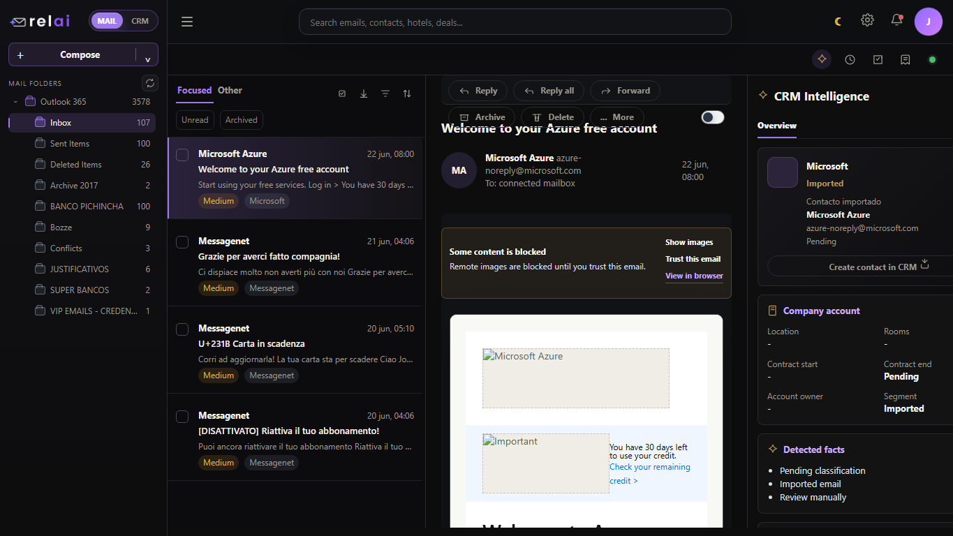 Relai Mail inbox startup with cached Outlook messages