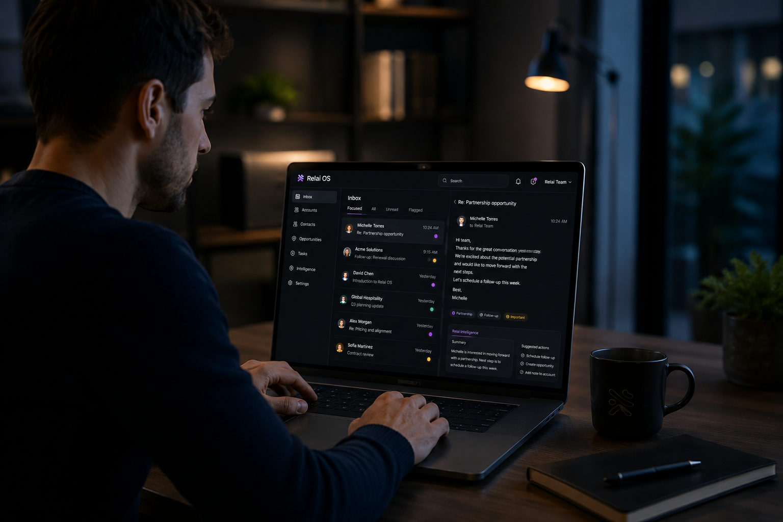 Operator using Relai OS on a laptop in a focused evening workspace